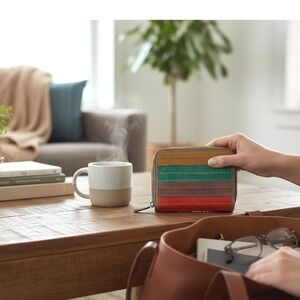 Fossil Leather Bifold Wallet Brown Rainbow Striped Accordion Zip Small Womens